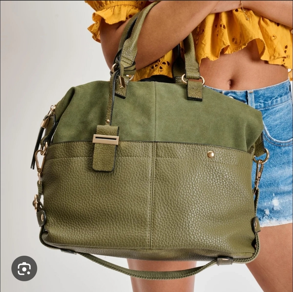 This is a Moda Luxe London Satchel in dark olive pebbled vegan Leather